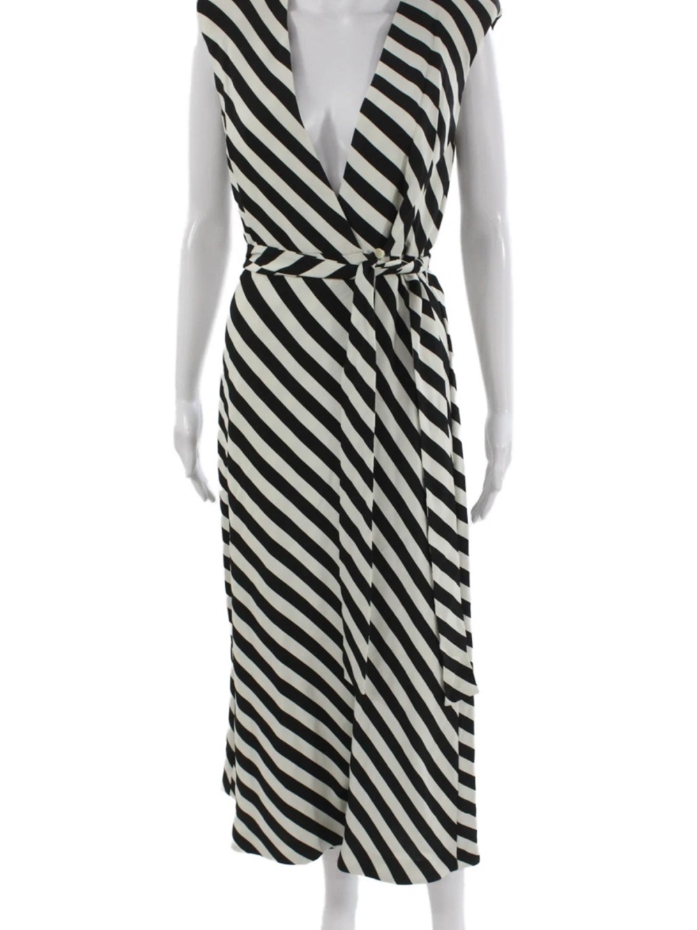 Dries Van Noten Black and White Diagonal-Striped Wrap Midi Dress